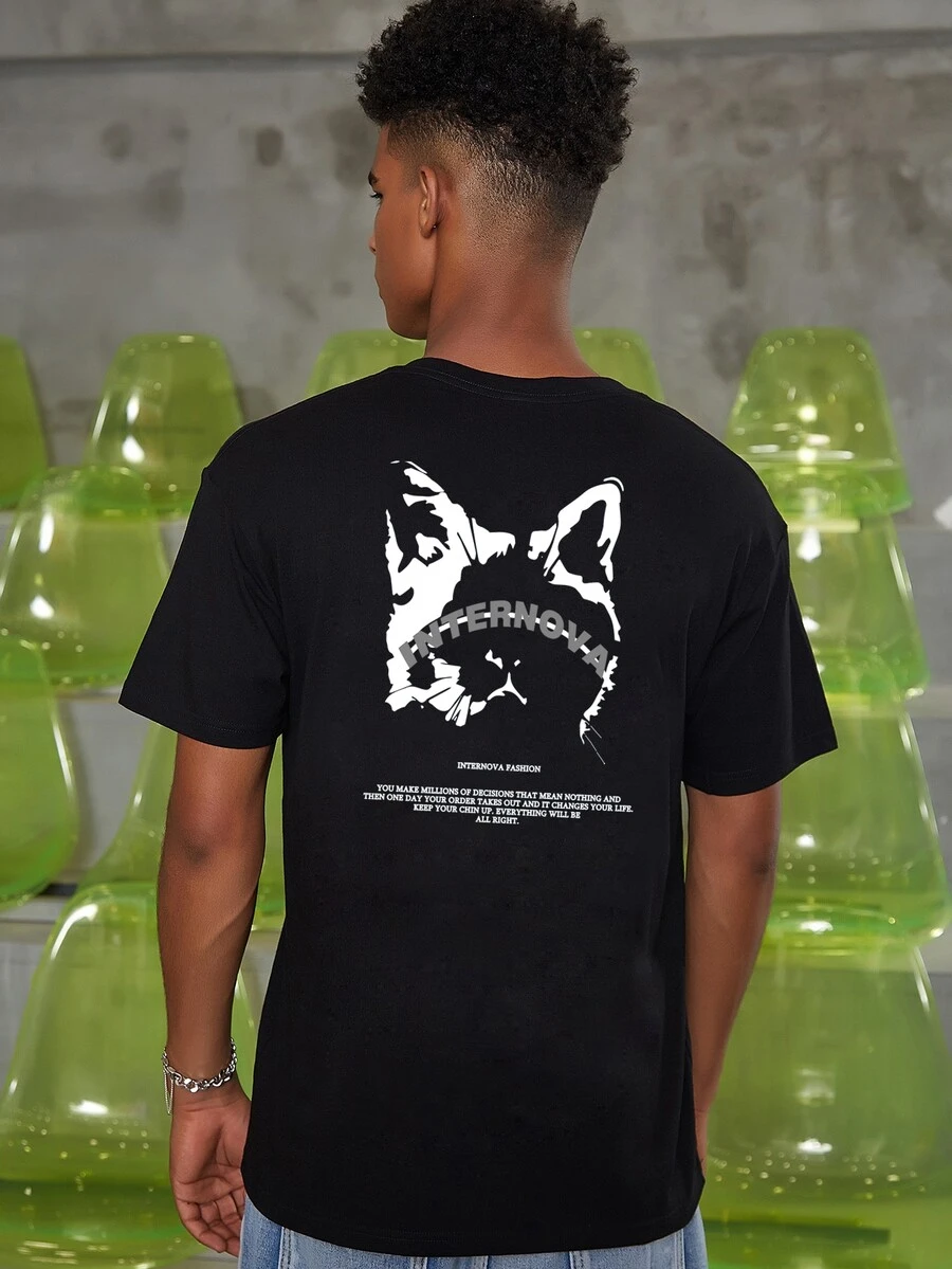 Hombres Camiseta reflectante con estampado de slogan y dibujos animados - Negro - Ver 1