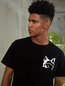 Hombres Camiseta reflectante con estampado de slogan y dibujos animados - Negro - Ver 2