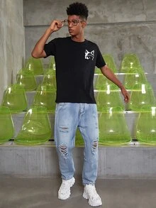 Hombres Camiseta reflectante con estampado de slogan y dibujos animados - Negro - Ver 6