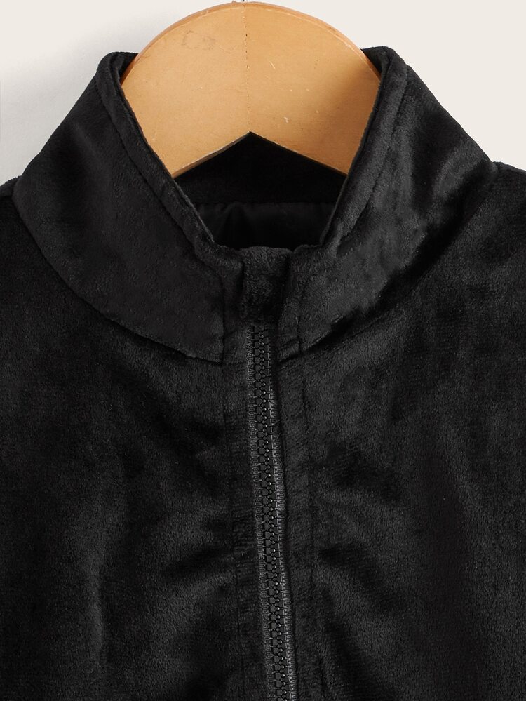 SHEIN 女孩拉鏈開襟落肩袖夾克 - 黑色 - 查看 3