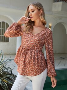SHEIN 孕婦小碎花前繫帶燈籠袖襯衫 - 彩色 - 查看 4