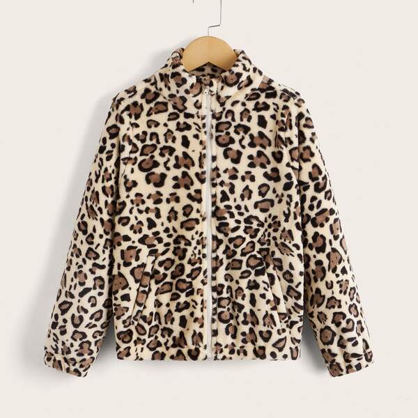 

Girls Leopard Pattern Zipper Teddy Coat, Multicolor