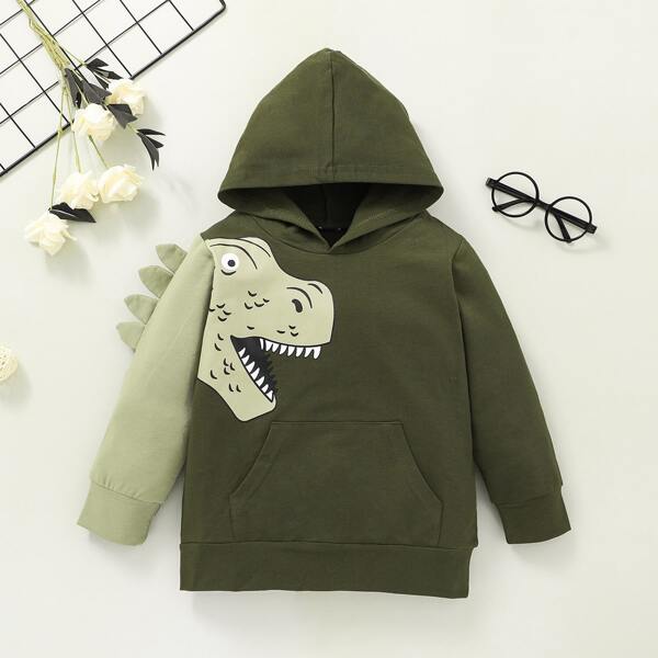 

Toddler Boys Dinosaur Print Kangaroo Pocket Hoodie, Army green