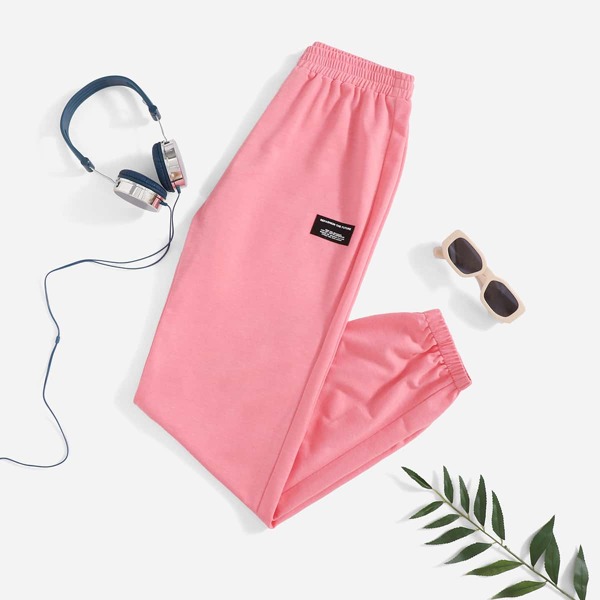 

Letter Patched Elastic Waist Sweatpants, Coral pink
