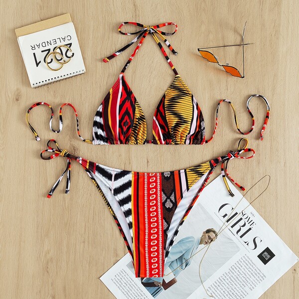 

Patchwork Halter Bikini Swimsuit, Multicolor