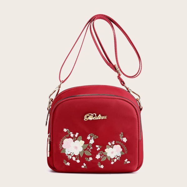 

Letter Graphic Floral Pattern Square Bag, Burgundy