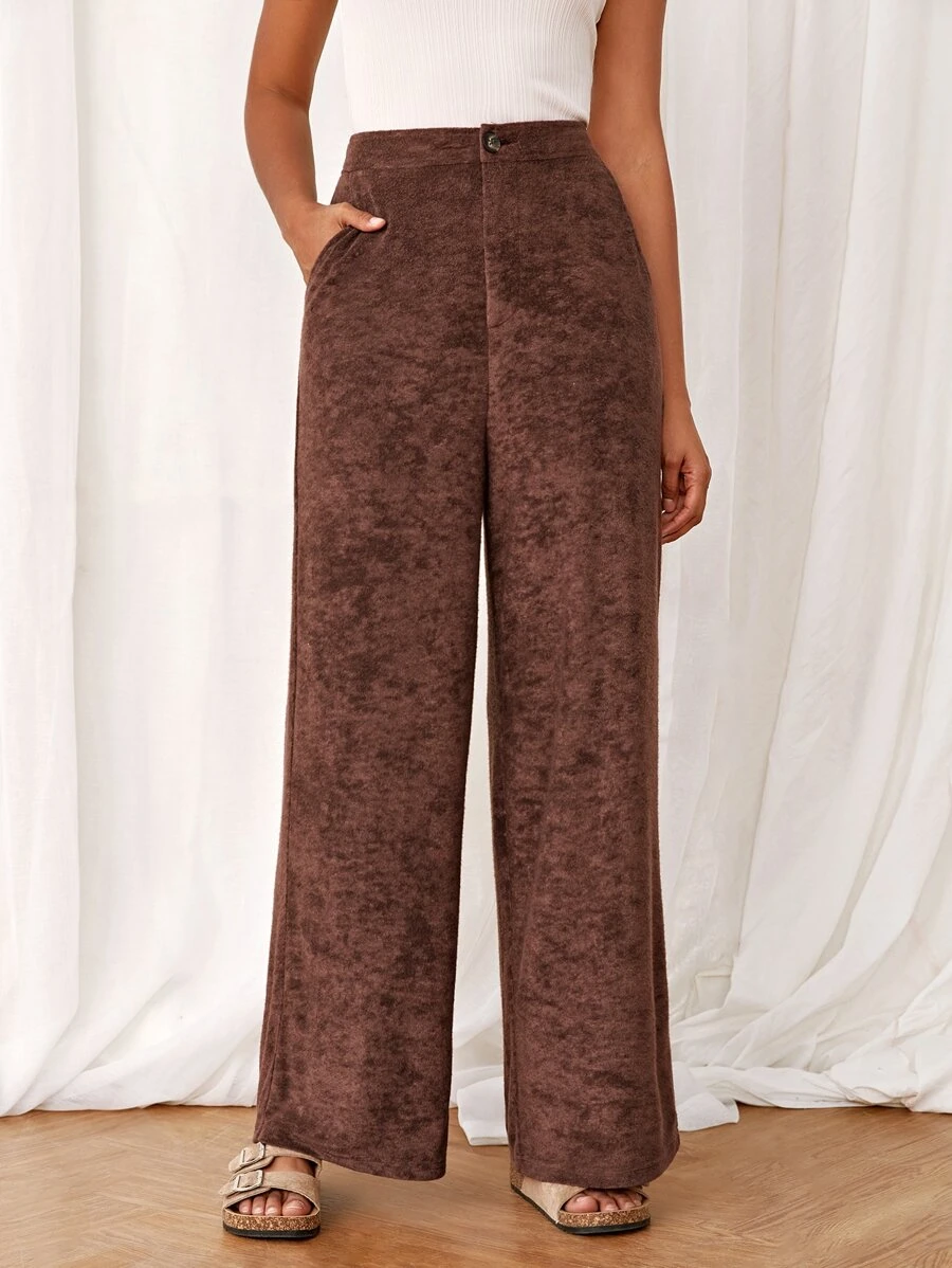 SHEIN Essnce 高腰斜口袋闊腿褲 - 咖啡棕 - 查看 1