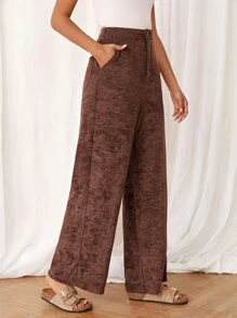 SHEIN Essnce 高腰斜口袋闊腿褲 - 咖啡棕 - 查看 4