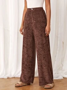 SHEIN Essnce 高腰斜口袋闊腿褲 - 咖啡棕 - 查看 5