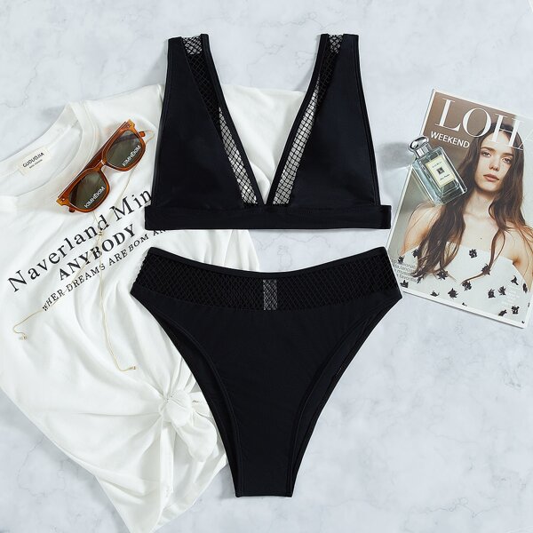 

Hollow Out Trim High Waisted Bikini Swimsuit, Black