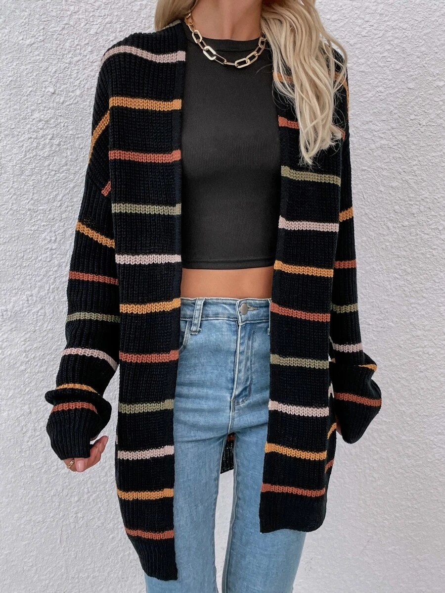 SHEIN LUNE Áo Cardigan sọc thả vai, Áo dài tay - Nhiều màu - Xem 1