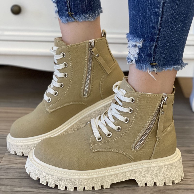 

Side Zipper Combat Boots, Khaki