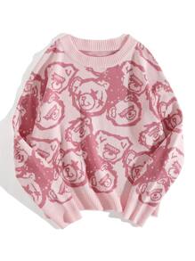 SHEIN Unity 卡通圖案落肩袖套頭毛衣 - 粉色 - 查看 1