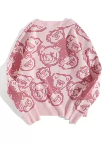 SHEIN Unity 卡通圖案落肩袖套頭毛衣 - 粉色 - 查看 2