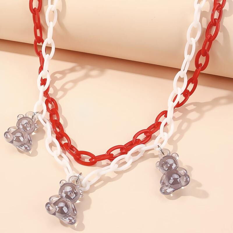 

Bear Charm Layered Chain Necklace, Multicolor