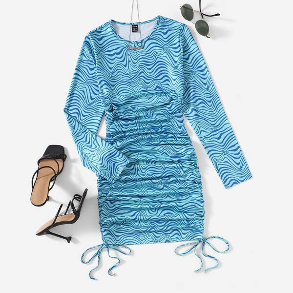 

Allover Print Drawstring Ruched Bodycon Dress, Blue
