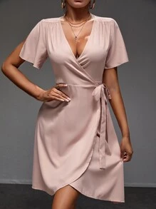 SHEIN Tall Vestido cruzado de cuello profundo con nudo lateral - Rosa vieja - Ver 1