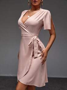 SHEIN Tall Vestido cruzado de cuello profundo con nudo lateral - Rosa vieja - Ver 3
