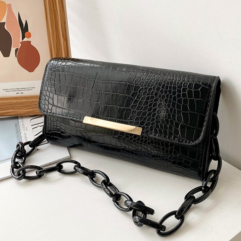 

Croc Embossed Chain Shoulder Bag, Black