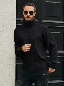 Manfinity Homme Men Turtleneck Cable Knit Jumper - Black - View 1