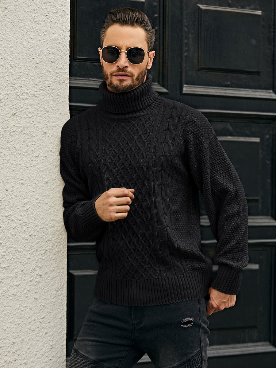 Manfinity Homme Men Turtleneck Cable Knit Jumper - Black - View 1