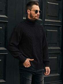 Manfinity Homme Men Turtleneck Cable Knit Jumper - Black - View 3