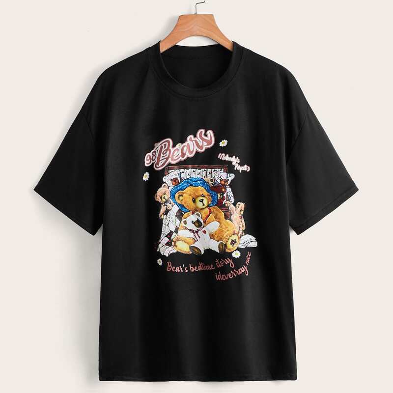

Slogan Bear Print Tee, Black