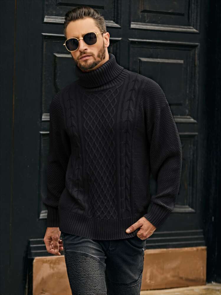 Manfinity Homme Men Turtleneck Cable Knit Sweater - Black - View 4