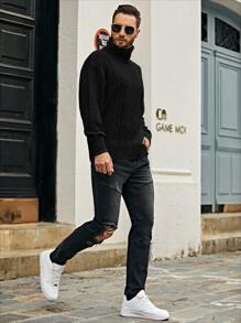 Manfinity Homme Men Turtleneck Cable Knit Jumper - Black - View 5