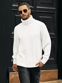 Manfinity Homme Men Turtleneck Cable Knit Jumper - White - View 3