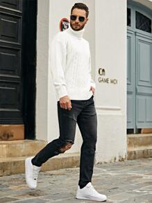 Manfinity Homme Men Turtleneck Cable Knit Jumper - White - View 5