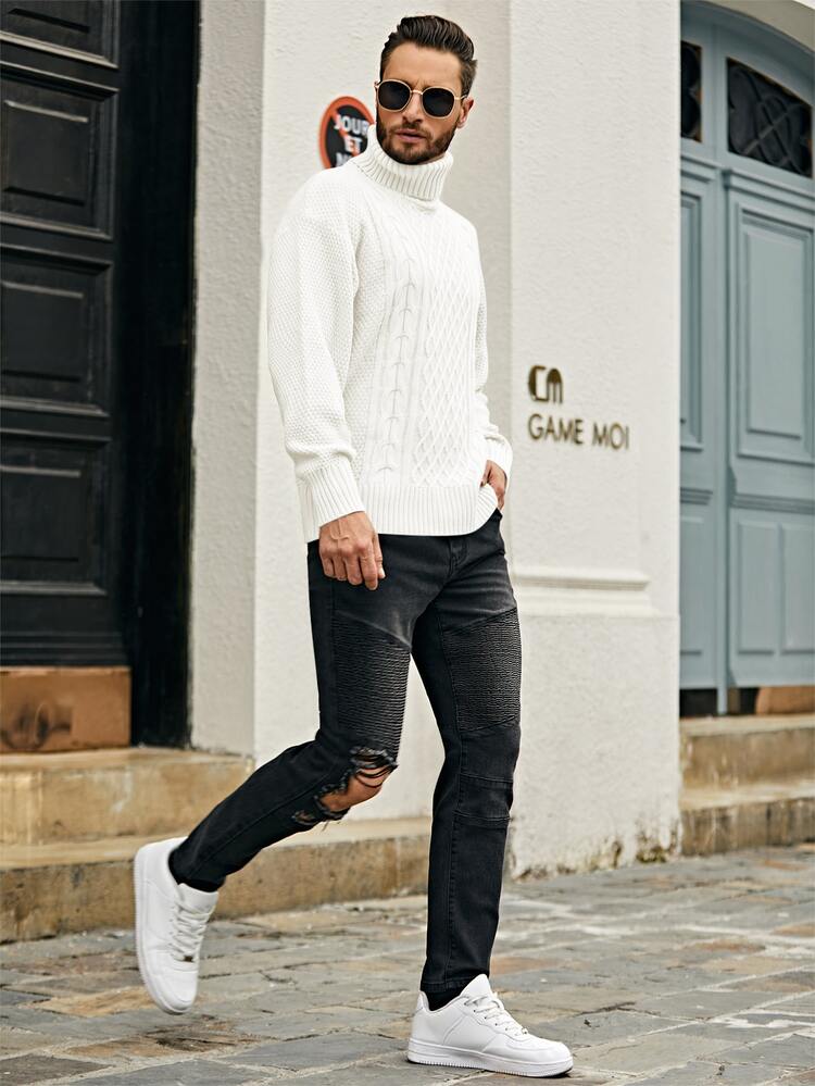 Men Turtleneck Cable Knit Sweater