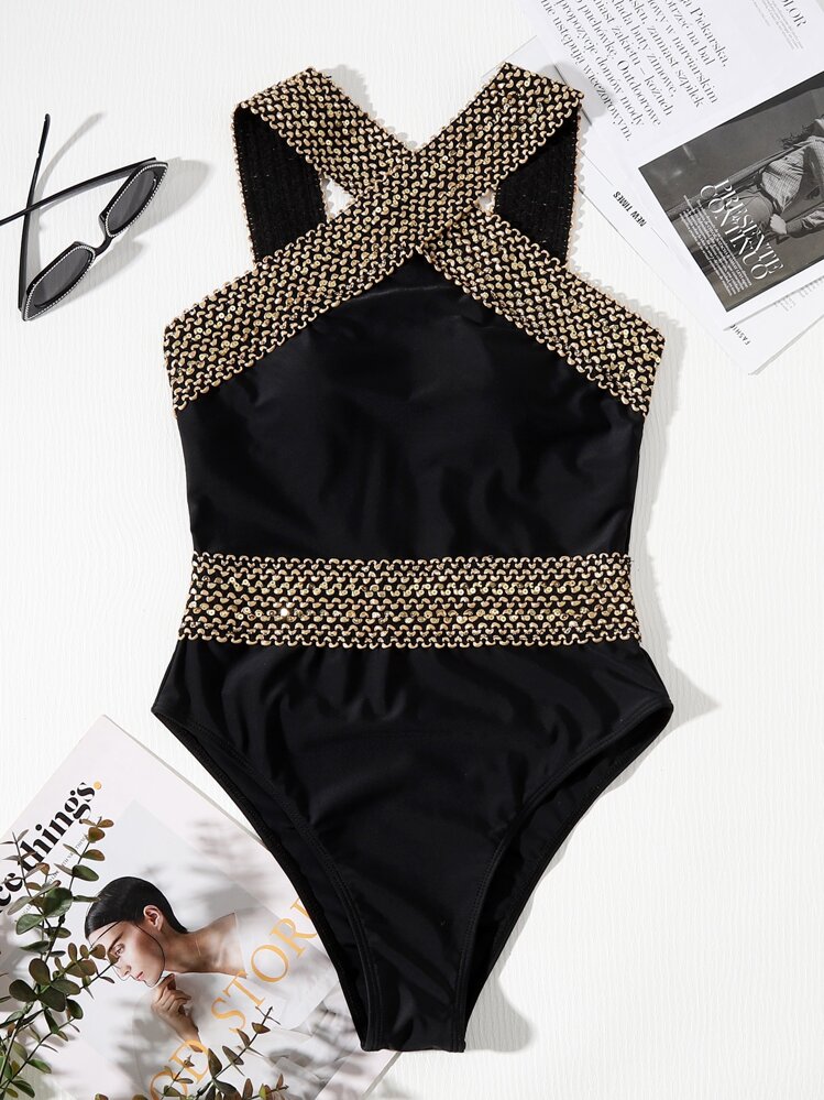 Swim Chiccia Traje de baño de una pieza con contraste de ribete y cruce en la espalda para el verano - Negro - Añade 3