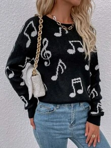 Music Note Pattern Drop Shoulder Sweater - Crna - Prikaz 1