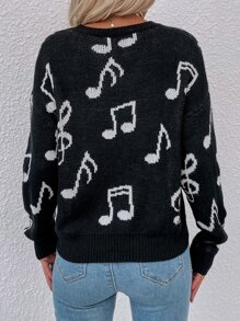 Music Note Pattern Drop Shoulder Sweater - Crna - Prikaz 2