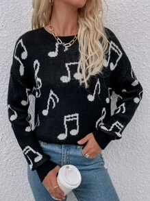 Music Note Pattern Drop Shoulder Sweater - Crna - Prikaz 3