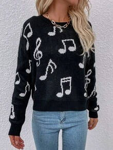 Music Note Pattern Drop Shoulder Sweater - Crna - Prikaz 4