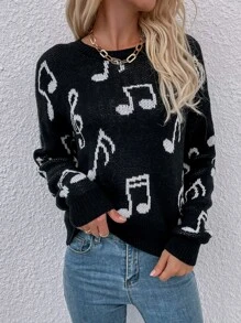 Music Note Pattern Drop Shoulder Sweater - Crna - Prikaz 6