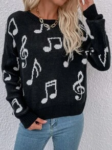 Music Note Pattern Drop Shoulder Sweater - Crna - Prikaz 7