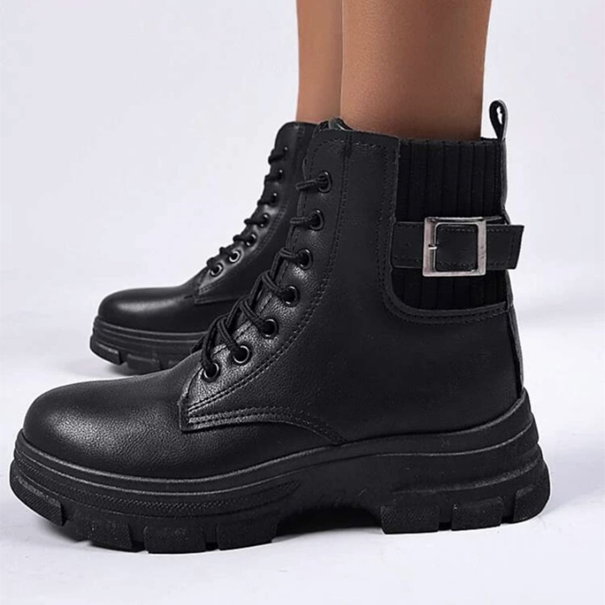 

Buckle Decor Lace Up Front Combat Boots, Black