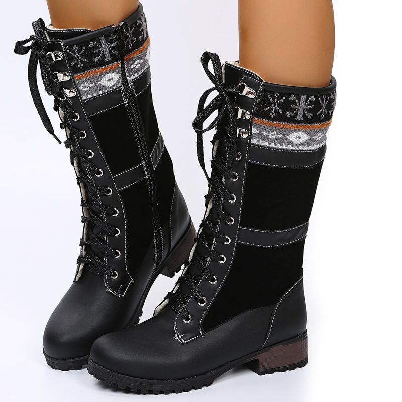 

Lace Up Design Side Zipper Chunky Boots, Black