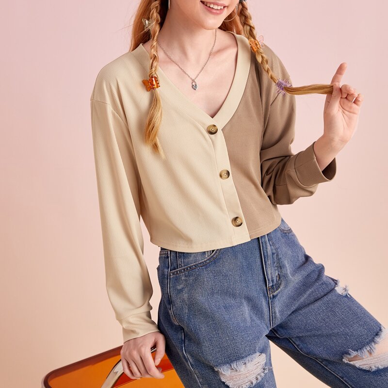 

Colorblock Button Front Ribbed Tee, Multicolor