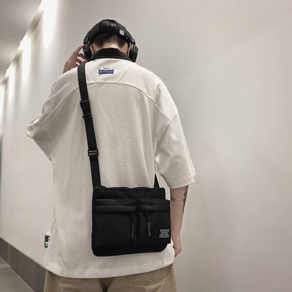 

Men Letter Patch Multi-Compartment Crossbody Bag, Black