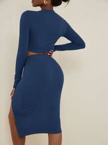 立領短款上衣和高衩半身裙 - 藏蓝色 - 查看 2