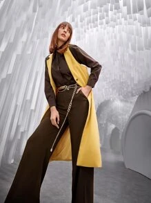 SHEIN Lapel Collar Single Button Sleeveless Longline Coat - Yellow - View 1