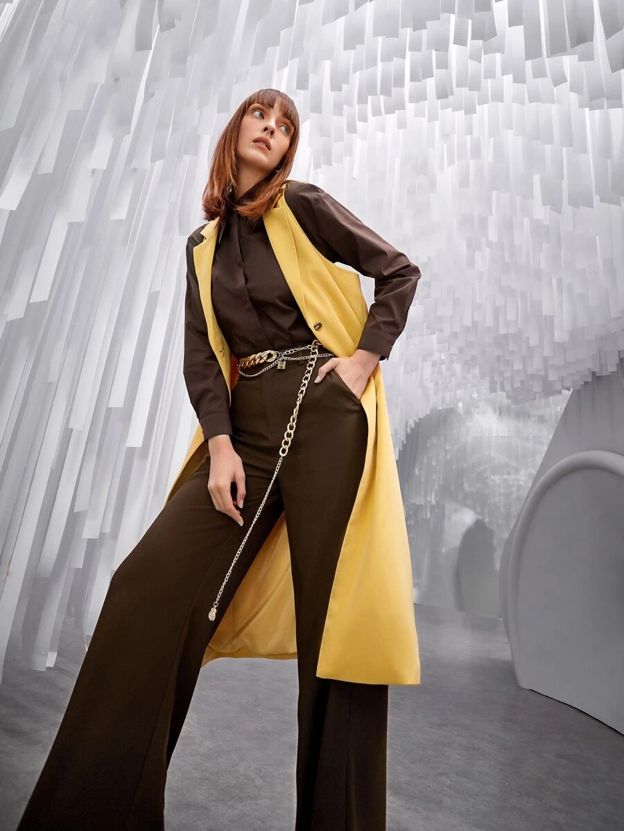 SHEIN Lapel Collar Single Button Sleeveless Longline Coat - Yellow - View 1