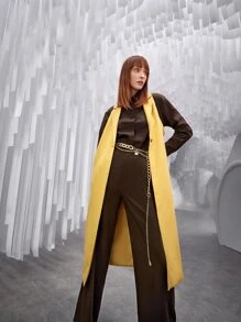 SHEIN Lapel Collar Single Button Sleeveless Longline Coat - Yellow - View 2