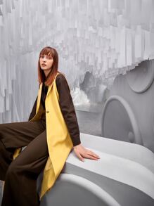 SHEIN Lapel Collar Single Button Sleeveless Longline Coat - Yellow - View 6