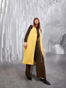 SHEIN Lapel Collar Single Button Sleeveless Longline Coat - Yellow - View 9