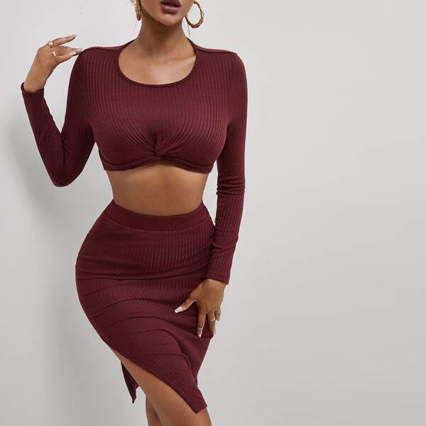 

Ribbed Knit Twist Front Crop Top & High Waist Split Hem Skirt, Burgundy